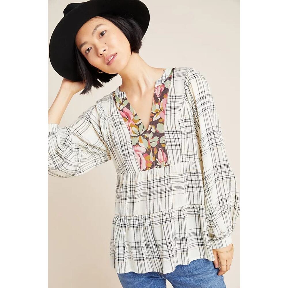 ANTHROPOLOGIE Darlene Plaid Peasant Top Gray Beige Wool Blend Boho Womens Small